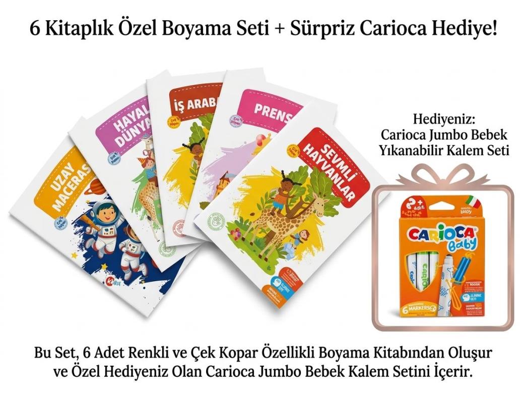 6 Kitaplık Özel Boyama Seti + Carioca Jumbo Bebek Yıkanabilir Keçeli Boyama Kalemi Hediyeli