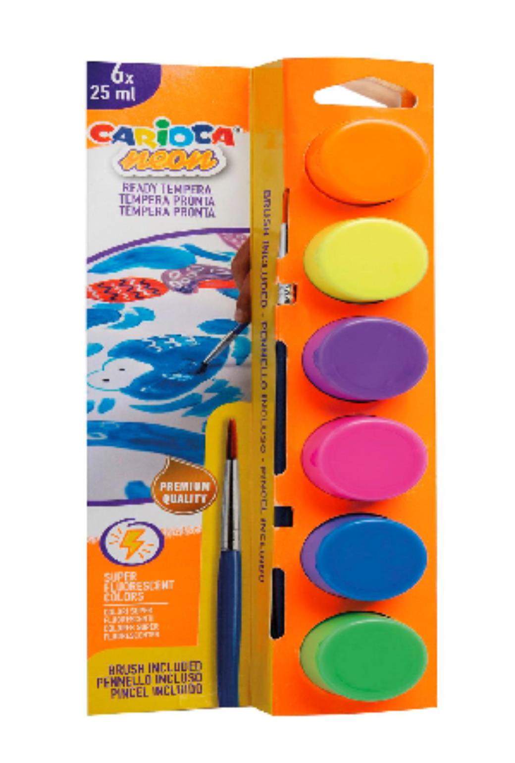 Carico Fosforlu Tempare Suluboya Süper Yıkanabilir Fırçalı 25 ml 6 Renk Karışık (6 Adet)