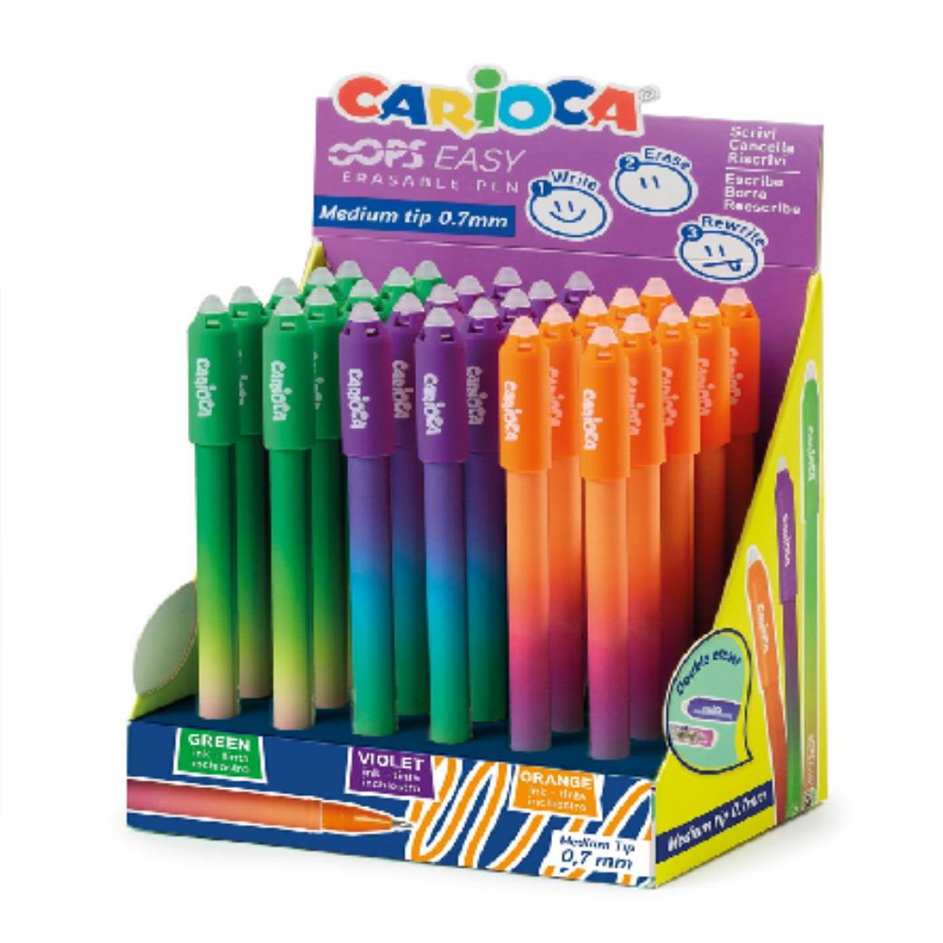 Carioca Oops Easy Silinebilir Tükenmez Kalem 30lu Stand (Turuncu-Yeşil-Mor)