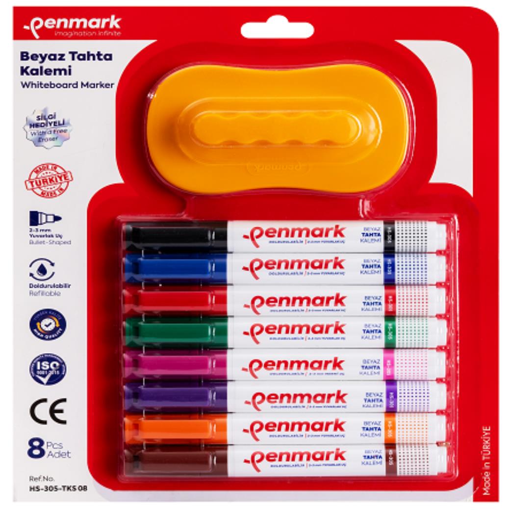 Penmark Beyaz Tahta Kalemi  8 Renk ve Silgisi Set (6 Adet)