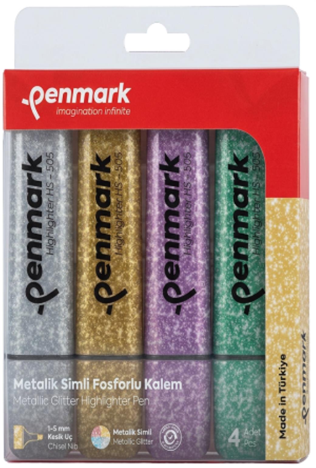 Penmark Metalik Simli 4 Renk Blisterli Kesik Uçlu Fosforlu Kalem (24 Adet)