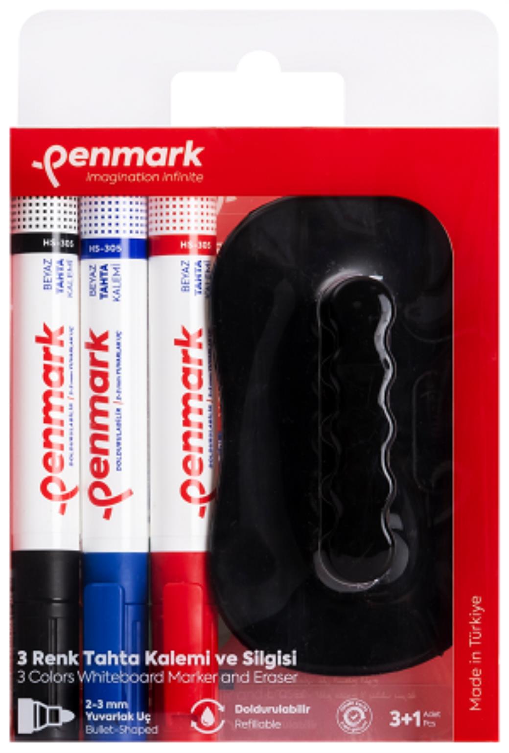 Penmark Beyaz Tahta Kalemi 3 Renk ve Silgisi Set (12 Adet)