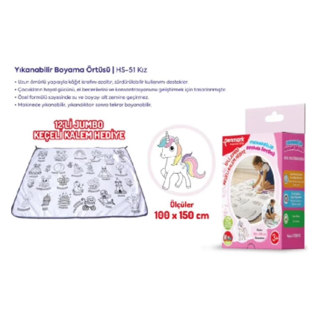 Penmark Yıkanabilir Ünicorn Boyama Örtüsü 12li Jumbo Keçeli Kalem Hediyeli