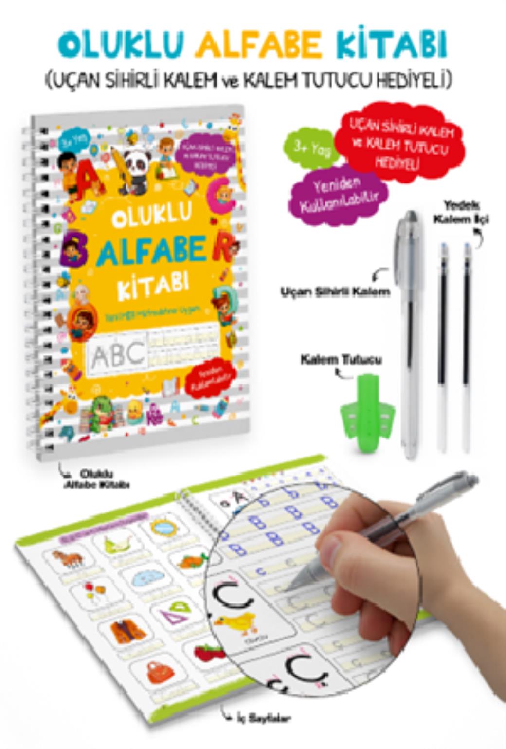 Oluklu Alfabe Kitabı Uçan Sihirli Kalem ve Kalem Tutucu Hediyeli 3+ Yaş